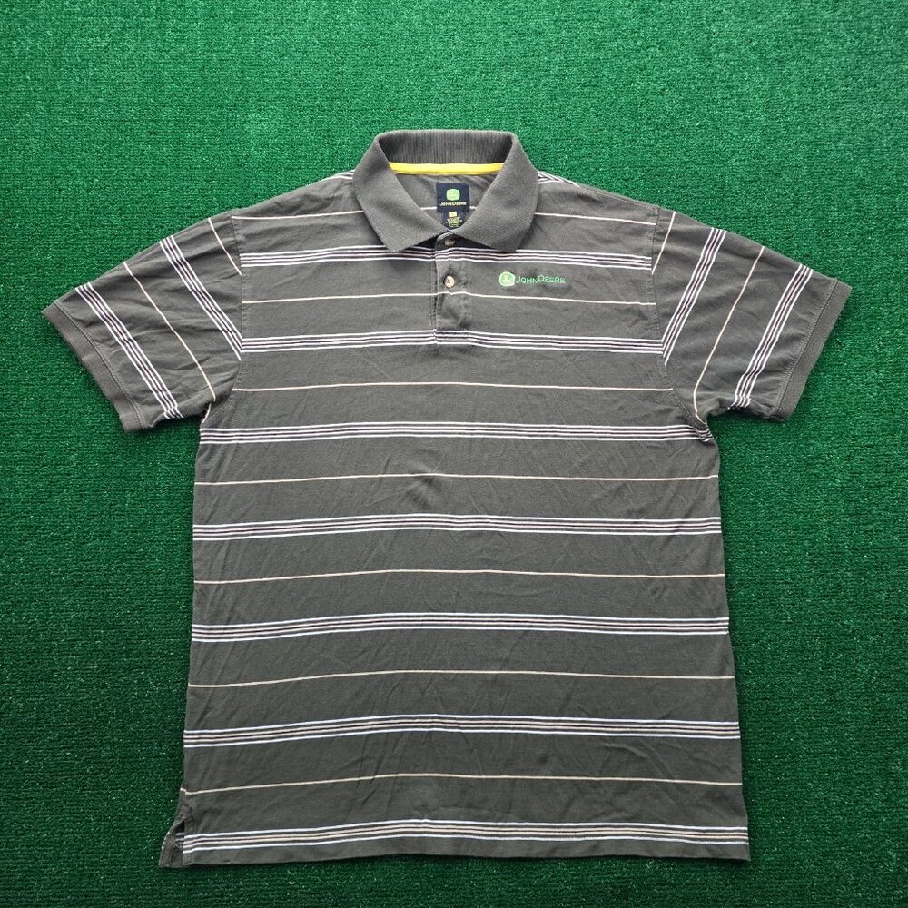 John Deere Polo Shirt Mens Large‎ Striped Short Sleeve Outdoors Casual